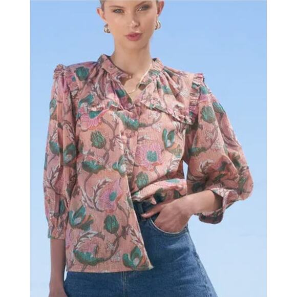 Lola Australia Tops - Lola Australia Kara Top Floral Apricot Blouse Ruffle Neck 3/4 Sleeve Boho Chic S